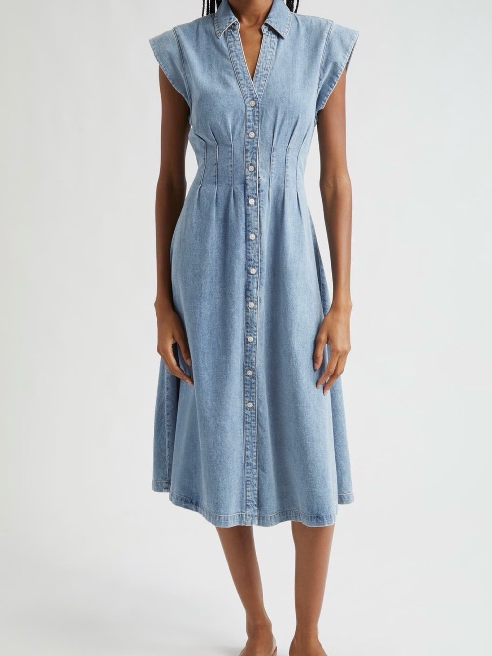 NWT Veronica Beard Ruben Pintuck Waist Sleeveless Denim Button-Front Midi Dress